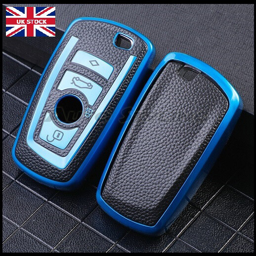 Genune Leather Key Fob Holder Bag Cover Case Blue For BMW 1 3 4 5 6 7