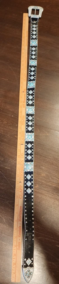 BHW Western Bling Belt Black Leather Silvertone Rhinestone Turquoise Studs 47" - Image 4 of 4