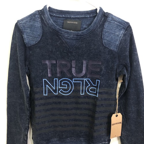 True Religion Teens Unisex Indigo Fleece Pullover Sweater Size Small Canal Blue - Picture 2 of 11