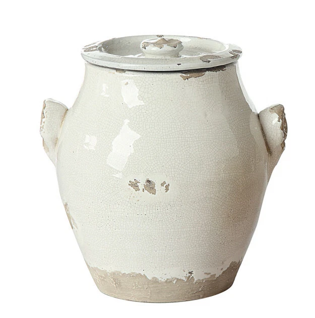 Crackle Pottery Storage Jar Lid -Decorative Kitchen Canister - Cream White - NEW