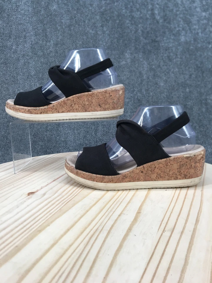 Sandalias Bzees para mujer 8 M remix con tira trasera tela negra corcho cuña punta abierta informales Foto 2 de 4