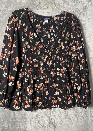 Old Navy Women’s Floral Top Black Smocked Elastic Waist V-Neck Long Sleeve 4X