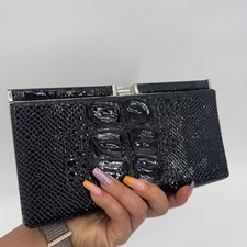 Black Crocodile Embossed Patent Leather Clutch Evening Bag Silver Frame Clasp
