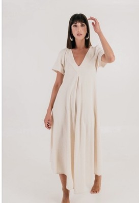 Vintage 80s Cecilia Nathal Lili 100% Cotton Elegant Cream V-Neck Midi Dress