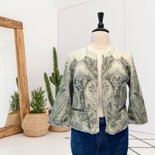 Chicos Women  s 2  L Open Front Fringe Trim Blazer Jacket Cotton Damask Green
