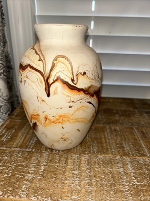 Nemadji Pottery Vase 7 Inch Beige With Brown And Orange Swirl | eBay