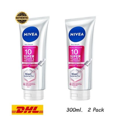 2x NIVEA Whitening Extra Bright 300ml, 10 Super Vitamins & Skin Food Body Serum