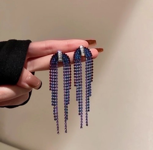 Multi Color Silver Tassel Long Rhinestone Pageant Dangle Crystal Earrings 3'5"
