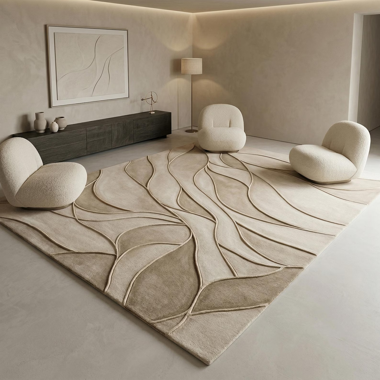 Hand-Tufted Organic Sandstone Wool Rug - 3D Sculpted Topographic Design in Beige