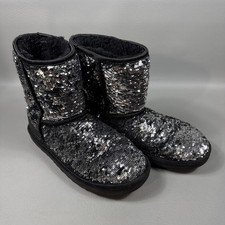 UGG Boots Women Sz 5 Classic Short Sparkle Silver Black Sequin Sheepskin Half