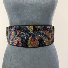 Vintage 80s LA REGALE Womens Small Black Hand Beaded Silk Belt 27" - 28" Waist