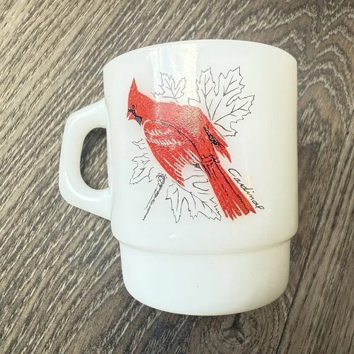 Fire King Cardinal Chickadee Coffee Mug Milk Glass Anchor Hocking Vintage