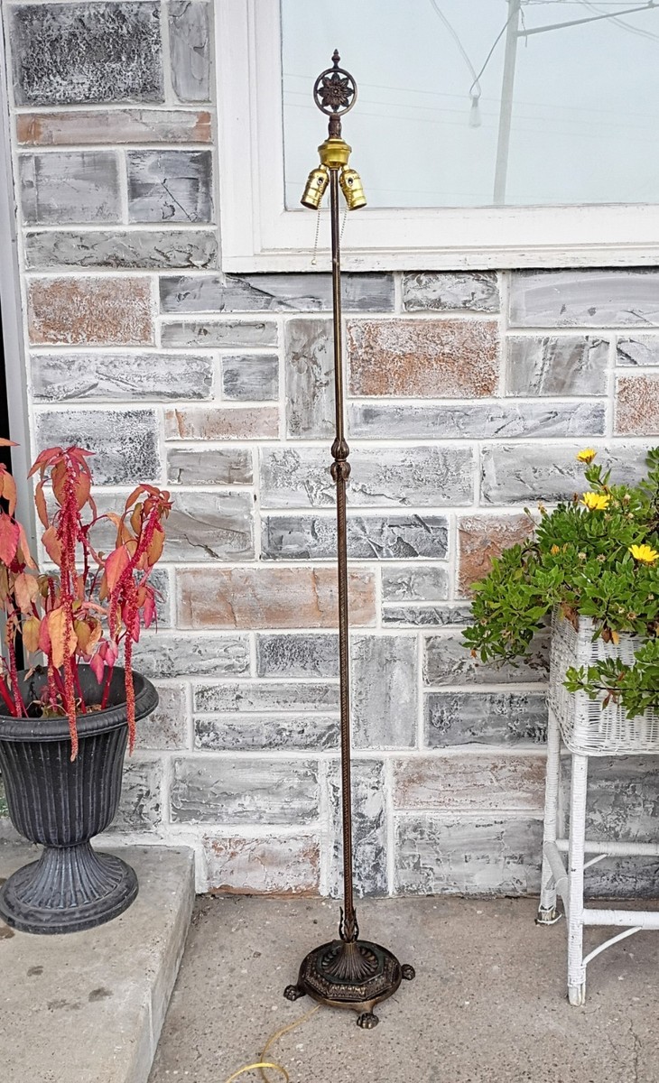 Antique Cast Iron Floral Footed Polychrome 2 Socket Floor Lamp, Lg