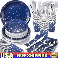 Blue Silver Party Supplies 560pcs Paper Plates Cups Napkins Cutlery Events New