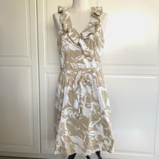 Ann Taylor Sleeveless Ruffle Surplice Dress Waist Tie White Tan Womens size 6