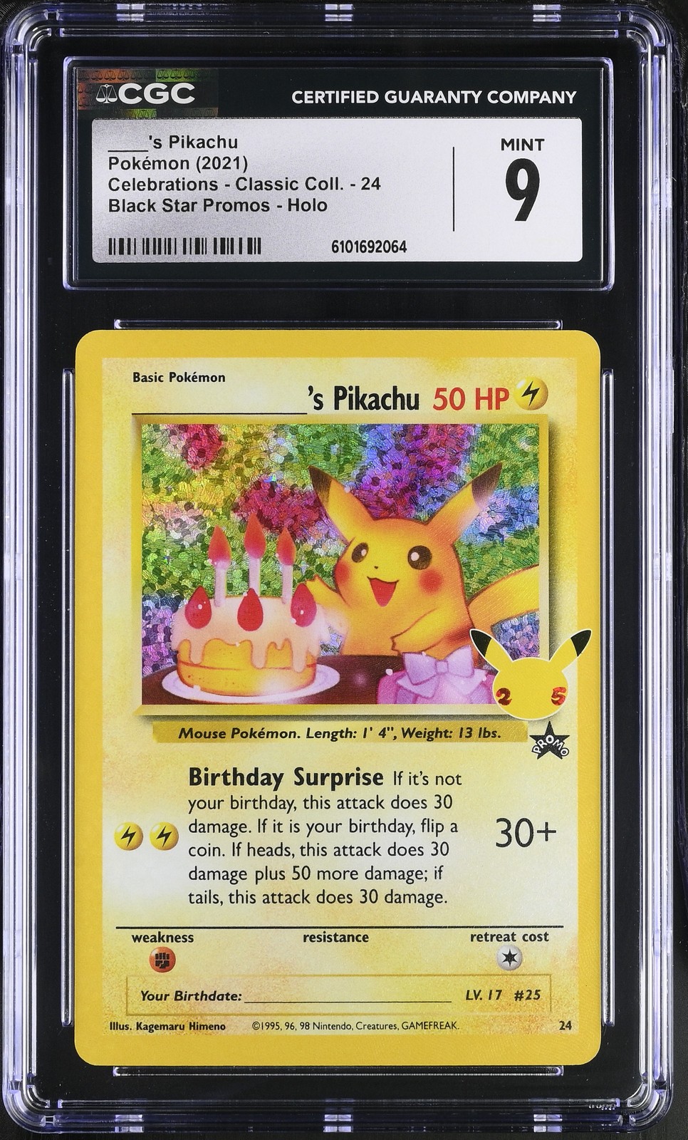 Birthday Pikachu 24 Celebrations Holo Pokemon CGC 9 Mint *064