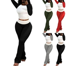 Womens 2Pcs Outfits Tops Sweatpants Colorblock Bodycon Lounge Sets Tracksuit