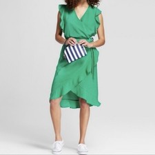 A New Day Dress L Green Wrap Ruffle Sleeve Belted Brunch Garden Bright Occasion