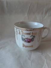 Antique Victorian Fine Bone China Teacup -A Present from Plymouth- Gilt & Floral