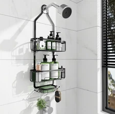 3-Tier Shower Caddy Hanging Bathroom Organizer Rack Matte Black Hooks Tray 40lbs