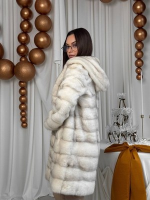 NEW MINK FUR coat size S SMALL 1201106 HORIZONTAL long sleeve jacket HOODED