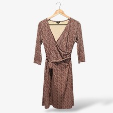 Talbots Faux Wrap Dress Size S Brown Orange Print Belted Waist Casual Office
