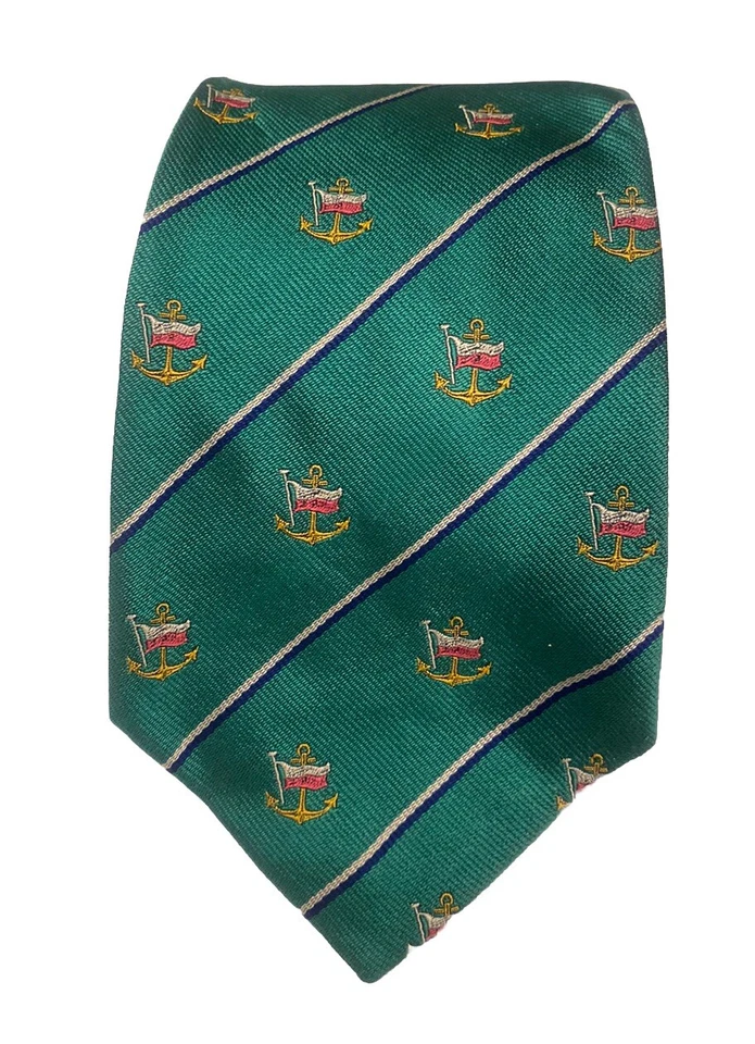 Vtg Aquascutum Of London Necktie Hand Finished Silk Anchors Flag Striped Green - Изображение 2 из 4