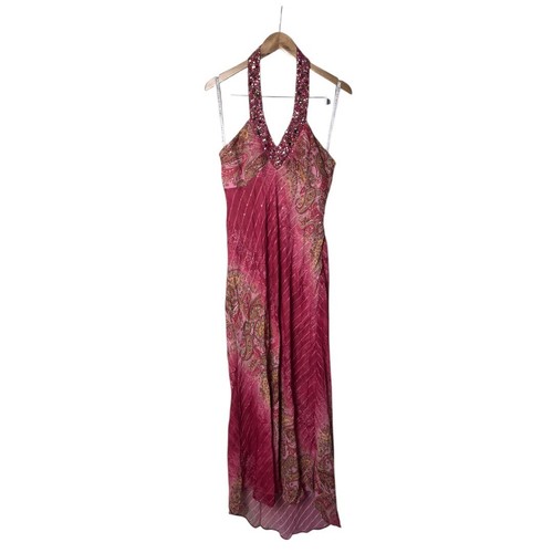 Y2K Vintage Niki Livas Pink Floral Beaded Prom Maxi Dress 14 1372