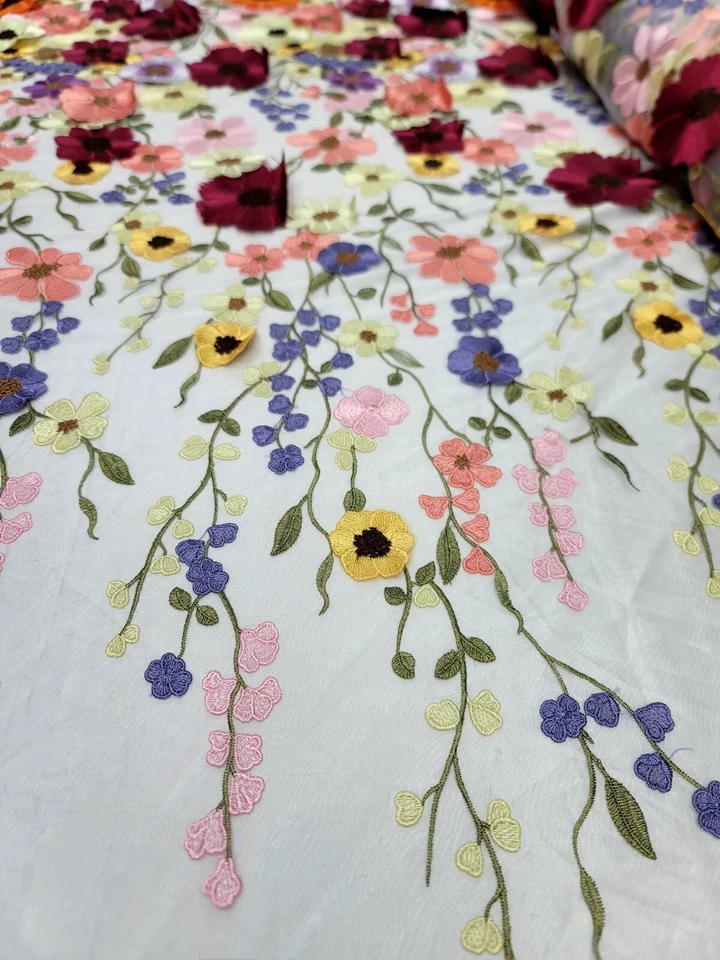 Lace Multicolor Embroidery 3d Floral Flowers Fabric By The Yard White Mesh Dress - Image 3 of 4