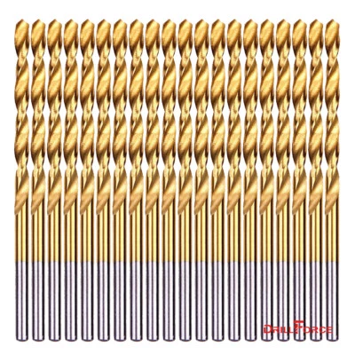 DRILLFORCE 20-piece 1/8" Round Shank HSS Titanium Coated Twist Drill Bits for Metal
