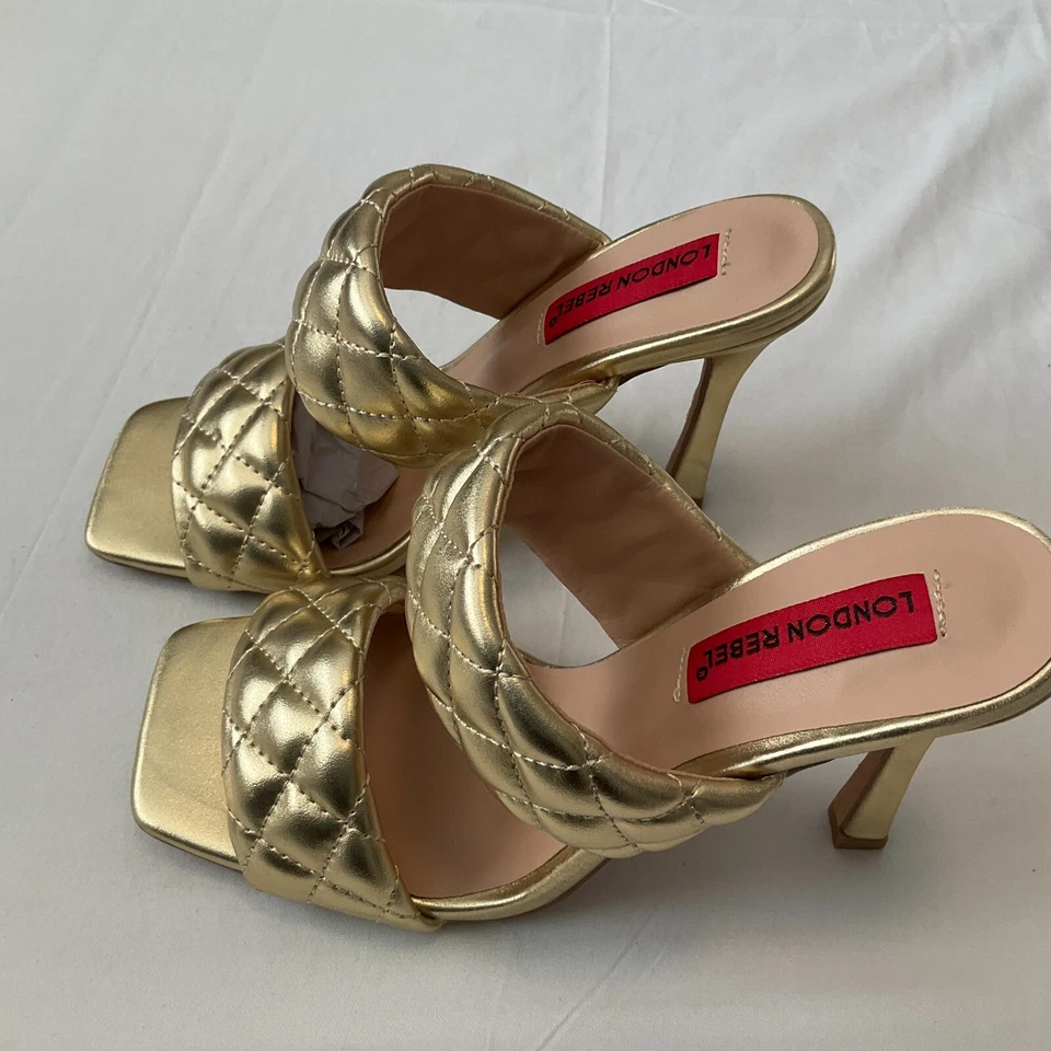 Sandalias mula London Rebel de tacón alto sin cordones para mujer talla 6 acolchadas doradas Foto 4 de 4