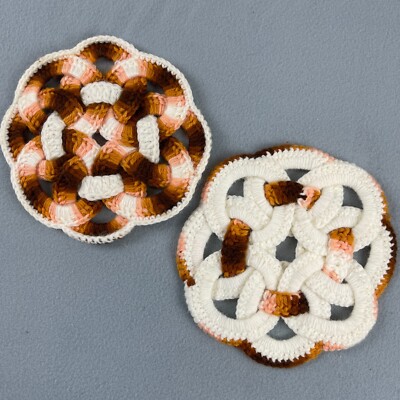 Vintage Crochet Potholders Trivets Brown White Interlocking Circles Set of 2