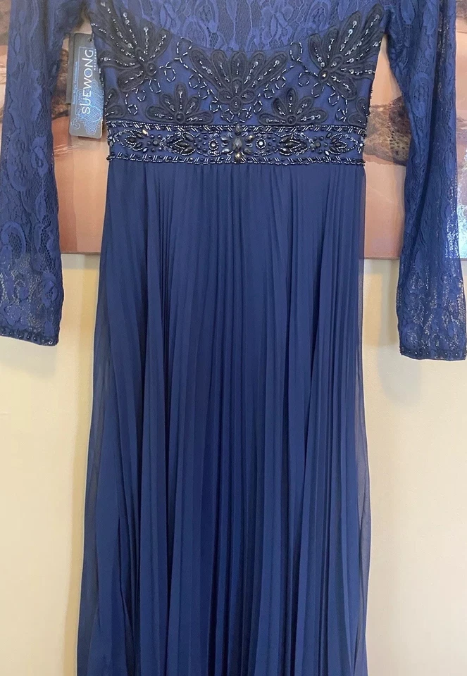 NWT Sue Wong Blue Chiffon Bead Empire Pleat Train Sheer Sleeve & Back Gown 2 NEW - Image 4 of 4