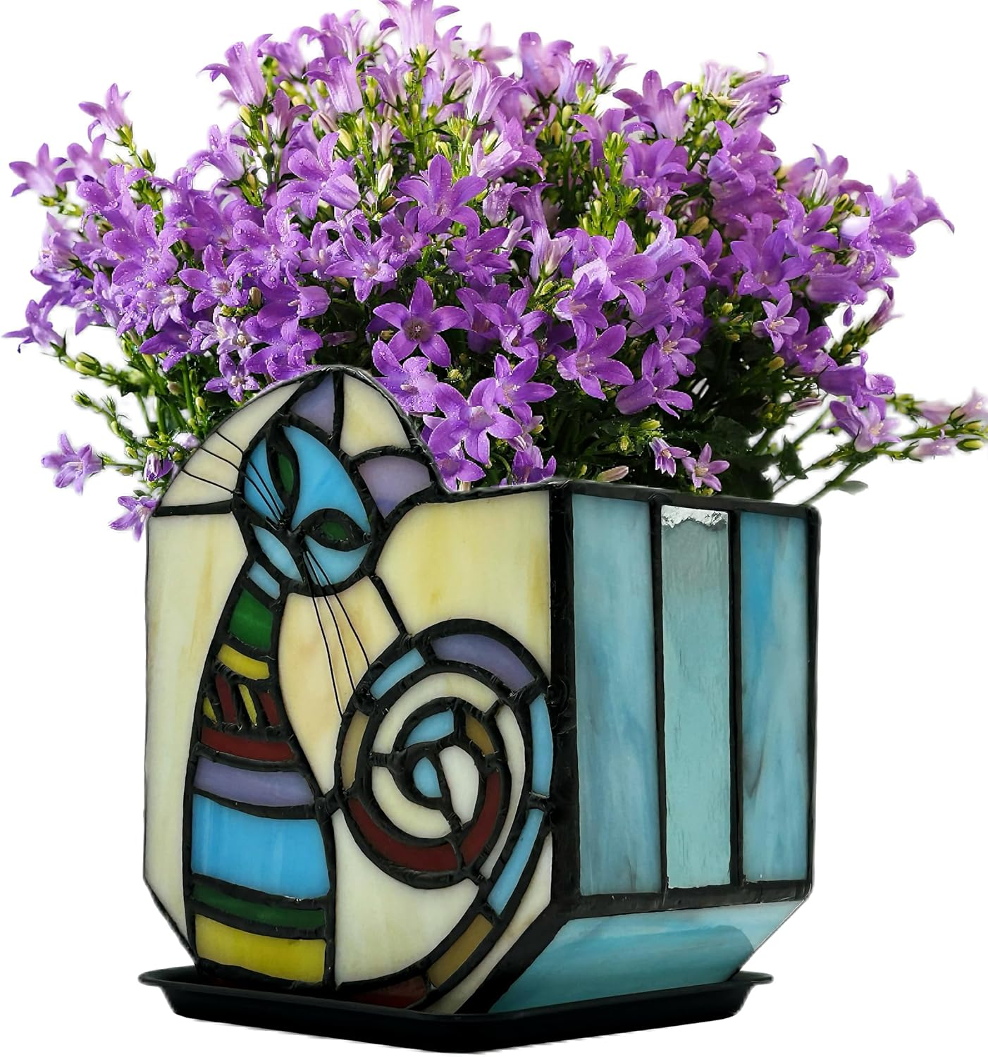 Stained Glass Cat Planter with Drainage Tray for Succulents and Indoor Plants