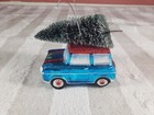 <!--F#f_0-->Blue Car Station Wagon Christmas Bottle Brush Tree On Top Blown Glass Ornament <!--F/-->