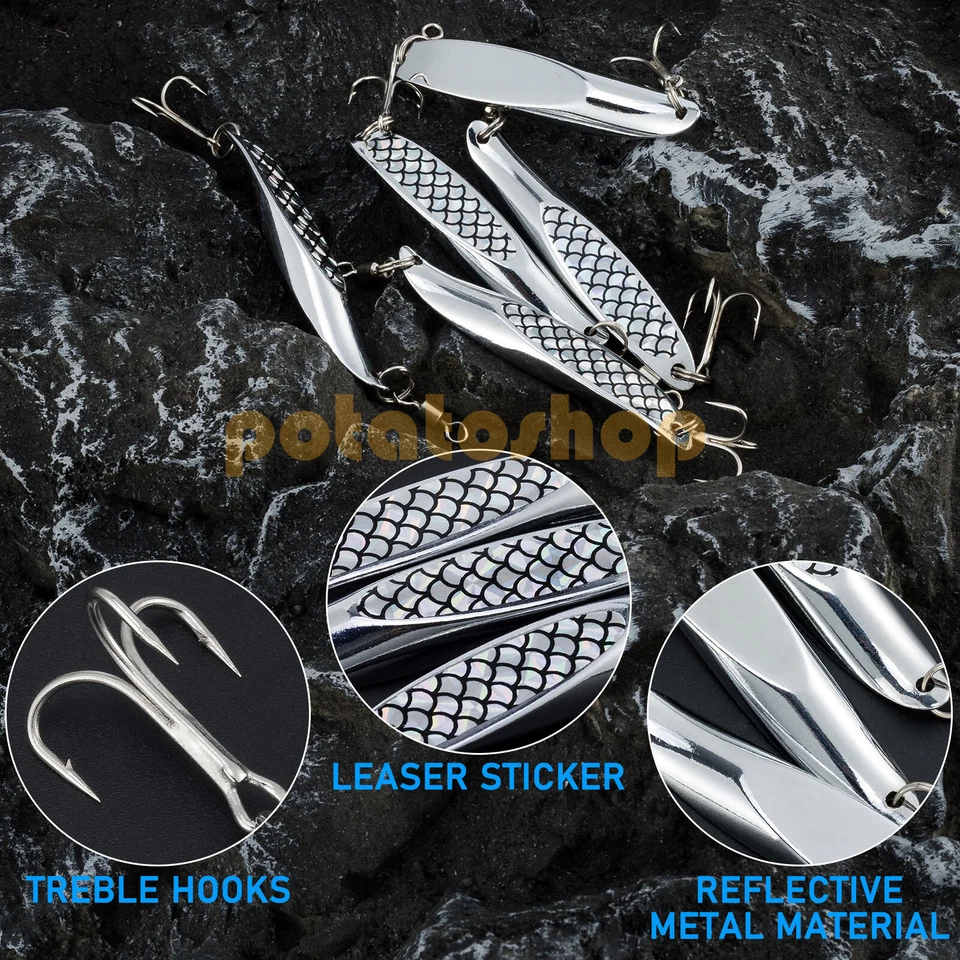 5pcs Fishing Spoons Silver Wedge Lures Spinner with Treble Hook Saltwater Bass - Image 3 of 4