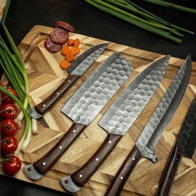 67-Layer Damascus Steel 5-Piece Chef Knife Set with Leather Storage Roll Wrap