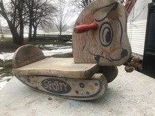VINTAGE  "SPOTTY" THE RED  BLUE WOOD TODDLER ROCKING HORSE 