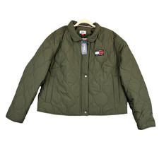 NWT - Tommy Jeans Quilted Jacket Olive Green Women  s Lg Pockets Full Zip  Snap