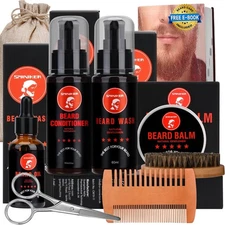 SMINIKER Beard Grooming Kit Oil Balm Shampoo Brush Comb Scissors Gift for Men