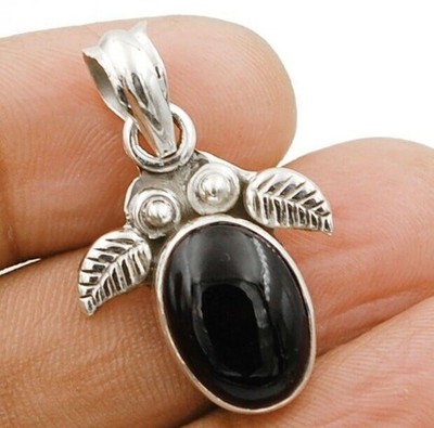 Natürliches Blatt schwarzer Onyx Brasilien 925 massiv Sterlingsilber Anhänger Schmuck 