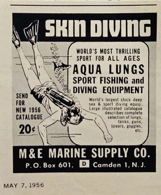 1956 M & E Diving Equipment Print Ad - Camden NJ Aqua Lung Skin Sport Diving