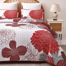 King Quilt Sets Red Floral Pattern Quilt Bedding Set, 3 Pieces Botanical Quil...