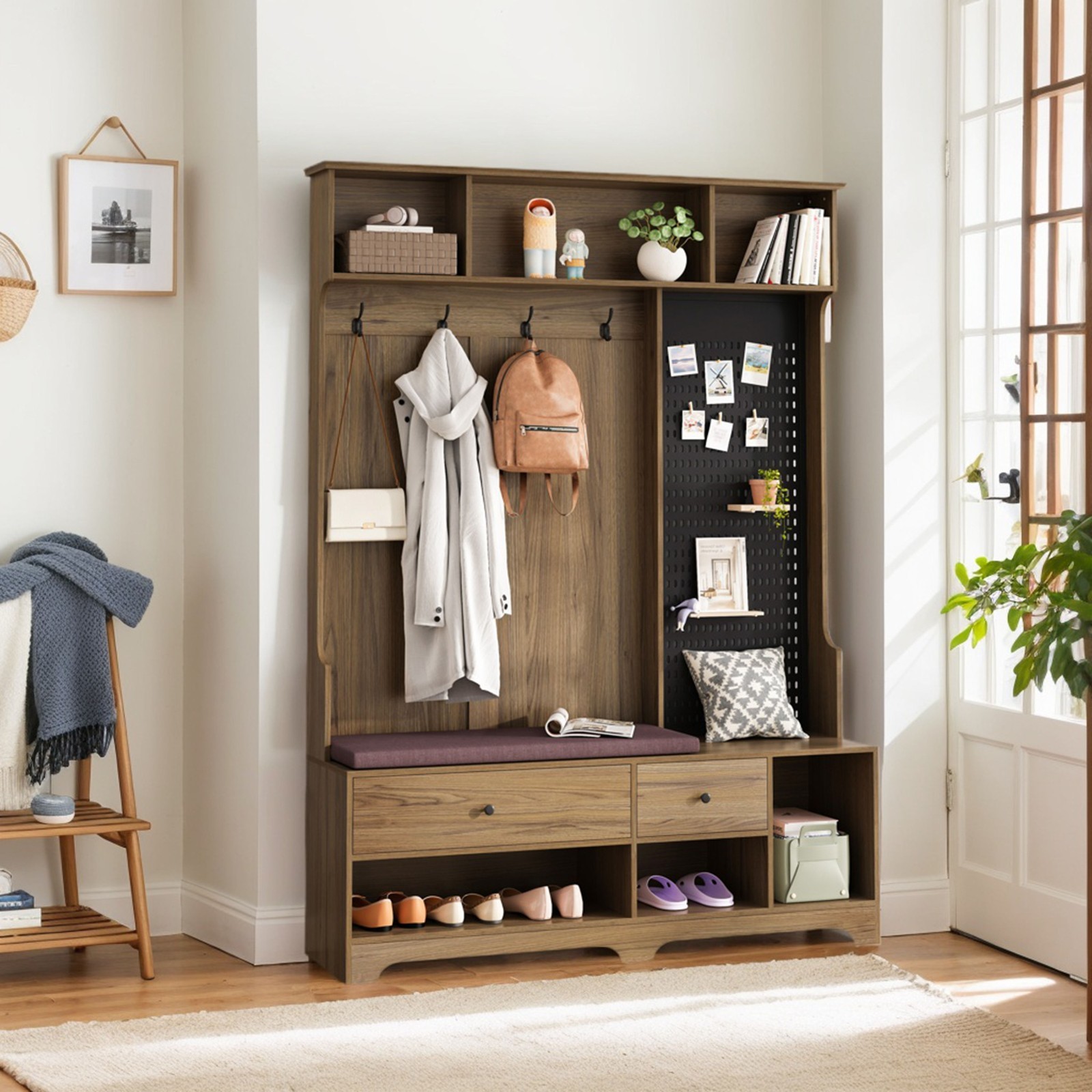 Hall Tree with Shoe Bench, Coat Rack ,Shoe Storage ,Storage Shelves,DIY Pegboard