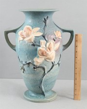 Large 16in Antique 1943 Roseville Magnolia Blue Art Pottery Double Handled Vase