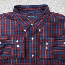 Nautica Shirt Men 2XL XXL Blue/Red Checkered 100 Cotton Long Sleeve Button Down