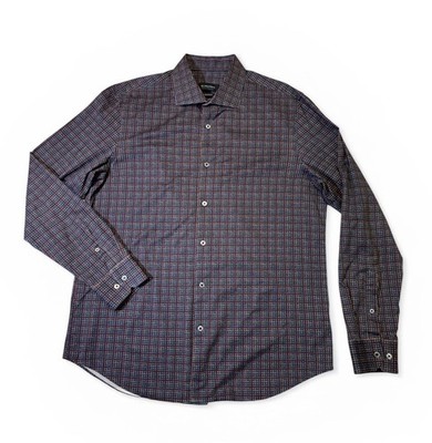 Bugatchi mens L Large blue geo pattern 8 way stretch ooohcotton tech shirt EUC