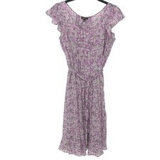 Talbots Silk Dress Womens 4 Purple Floral Flutter Sleeve Pleated Lined Spring