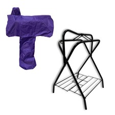 AJ Tack Freestanding Portable Horse Saddle Rack with Purple Western Saddle Cover