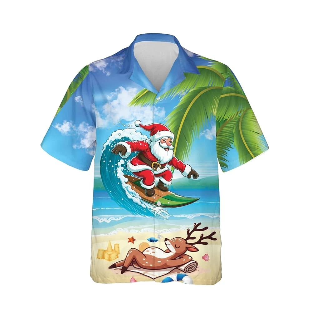 Santa Surfing Hawaiian Shirts for Men - Tropical Button Down Mens Hawaiian